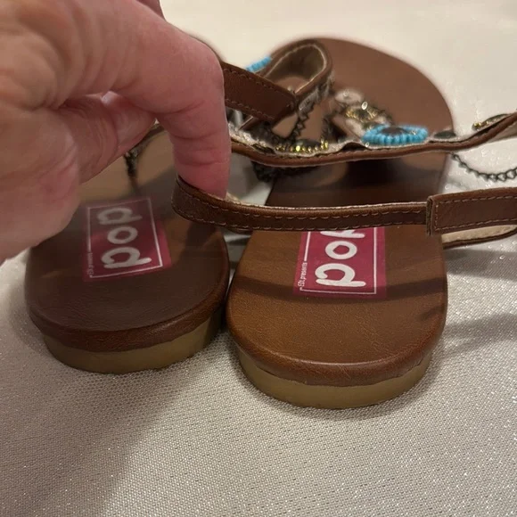 Pop Blue and Brown T-Strap Sandals with Turquoise Accents. Size 8 - Picture 4 of 5